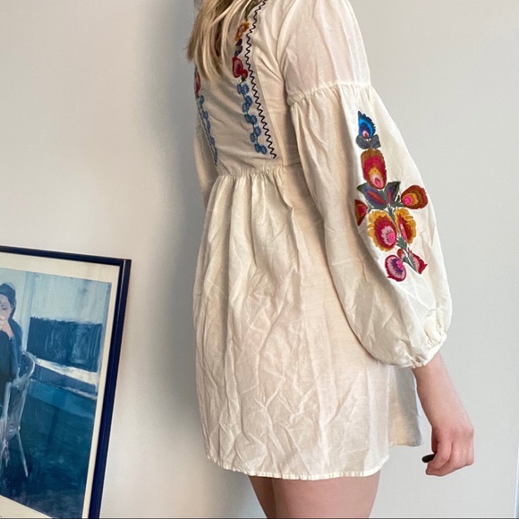 Zara White Embroidered Peasant Dress Mini Baby-Doll xs - Picture 4 of 4